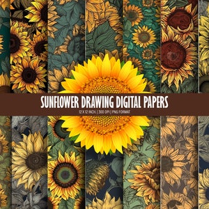 Hermosos papeles digitales de dibujos de girasoles | 12 x 12 pulgadas. | 300 ppp | formato PNG | Para uso comercial