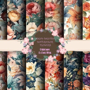 Puede incluir: Doce papeles digitales con patrones florales pintados a mano en acuarela. Cada papel mide 30,5 cm por 30,5 cm y 300 dpi.