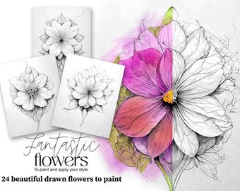 Flower Drawing Pages | 24 Printable Floral Coloring Pages (PNG Digital Download)