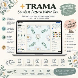 May include: A laptop screen displaying the TRAMA Seamless Pattern Maker Tool interface with a floral pattern design. The graphic includes text detailing features like 20 vector motifs, browser-based functionality, and various export file formats.