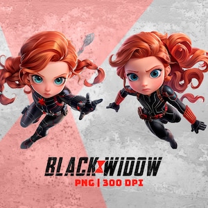 May include: Two cartoon Black Widow characters with red hair and black costumes are shown against a gray and pink background. The text "BLACK WIDOW PNG | 300 DPI" is at the bottom of the image.