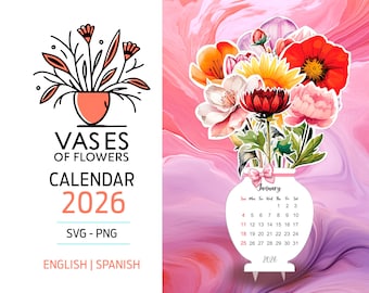 May include: A floral calendar design for 2026. The design features a vase of colorful flowers, including red poppies and pink peonies, against a pink and purple background. The calendar includes the month of January.