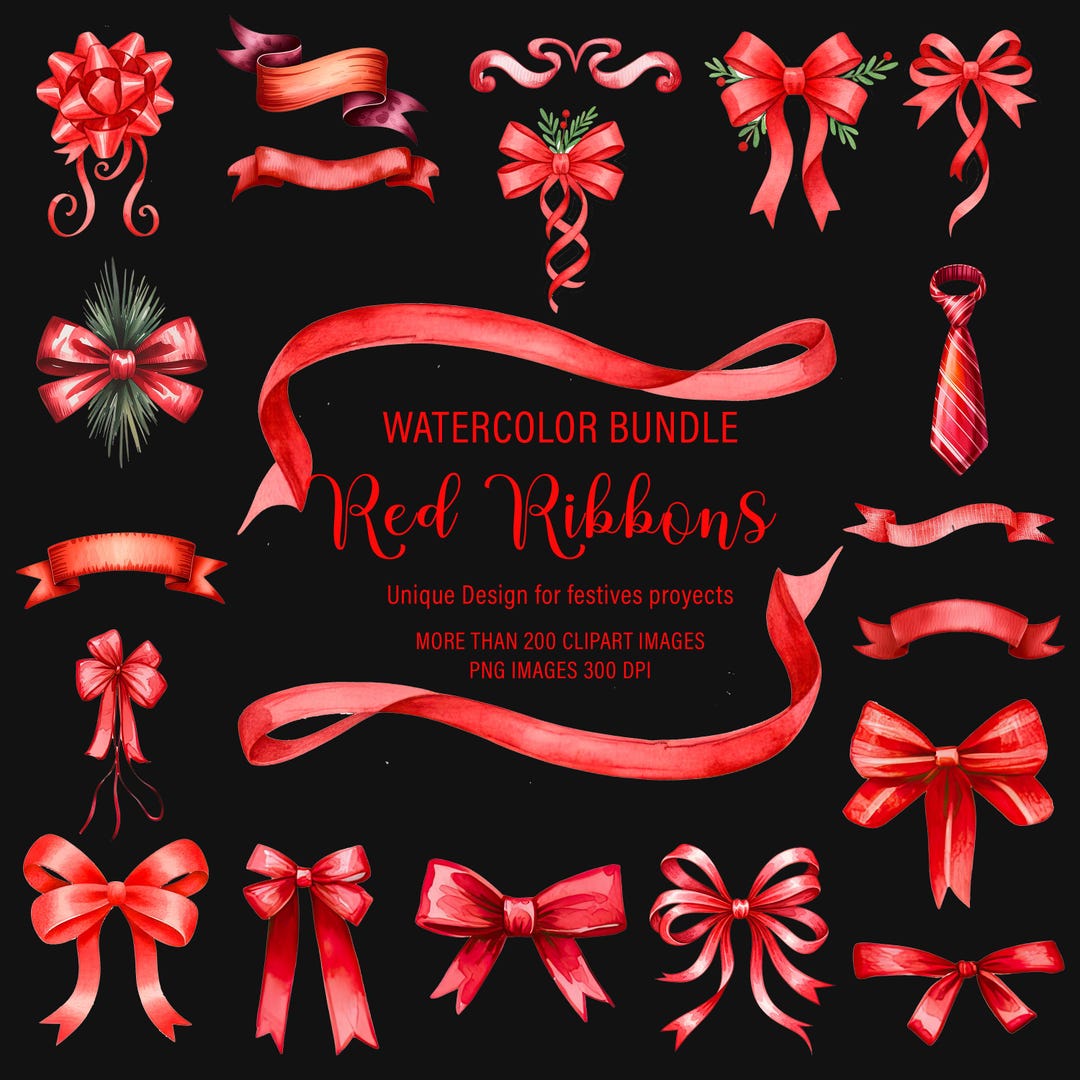 Watercolor Red Bows Ribbons Clipart Bundle | Festive PNG Digital Pack ...