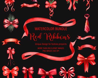 Watercolor Red Bows Ribbons Clipart Bundle | Festive PNG Digital Pack (Instant Download)