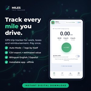 Può includere: Un'interfaccia dell'app digitale Miles Trip Tracker visualizzata sullo schermo di uno smartphone. L'app presenta un pulsante di avvio, statistiche di viaggio e impostazioni della modalità automatica. Testo: Track every mile you drive.