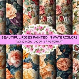 Hand Painted Watercolor  Roses | 12 x 12 inch. | 300 dpi | PNG format | for commercial use