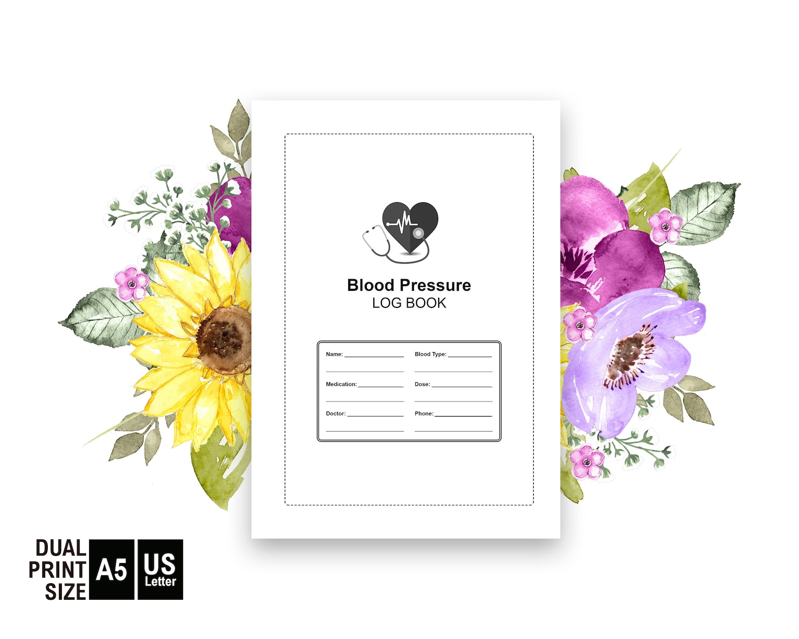 Blood Pressure Log Book Printable A5 &amp; Letter Size - Etsy