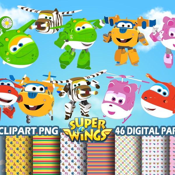 Súper alas | 82 imágenes prediseñadas PNG | Juego de fiesta Super Wings | 46 papeles digitales de Super Wings