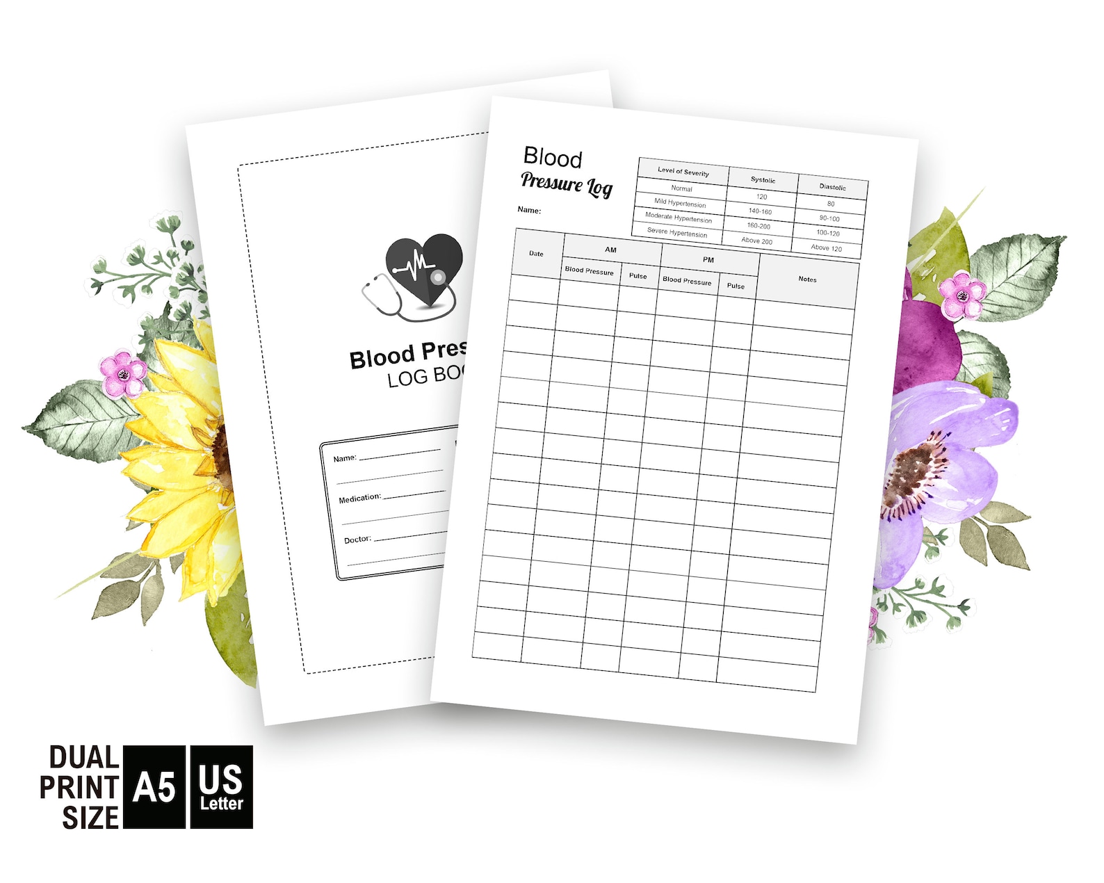 Blood Pressure Log Book Printable A5 & Letter Size | Etsy