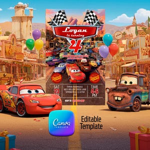 Editable Cars Birthday Invitation | Lightning McQueen Party Invite | Instant Download Canva Template