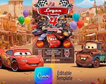 Cars Birthday Invitation, Lightning McQueen Party (Canva Template)
