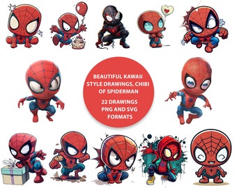 Spiderman Clipart | Kawaii Style Stickers, T-shirt Designs (PNG & SVG)