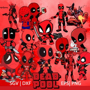 May include: A digital illustration of multiple cartoon characters of Deadpool in various poses. The characters are all red and black and have a variety of expressions. The text "DEADPOOL" is written in large, bold letters at the bottom of the image. The text "SVG | DXF" is written in the bottom left corner of the image and the text "EPS | PNG" is written in the bottom right corner of the image.