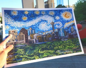 San Antonio Art Print: Starry Night Cityscape - 12x18 Giclée