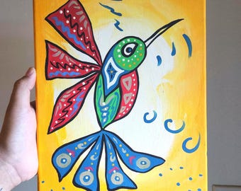 Målad Alebrije Kolibri 23 x 30 cm - Akryl på duk
