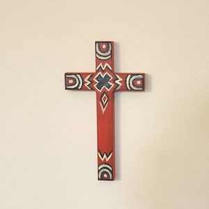 Handgefertigtes Kreuz aus bemaltem Holz, 20 x 13 cm