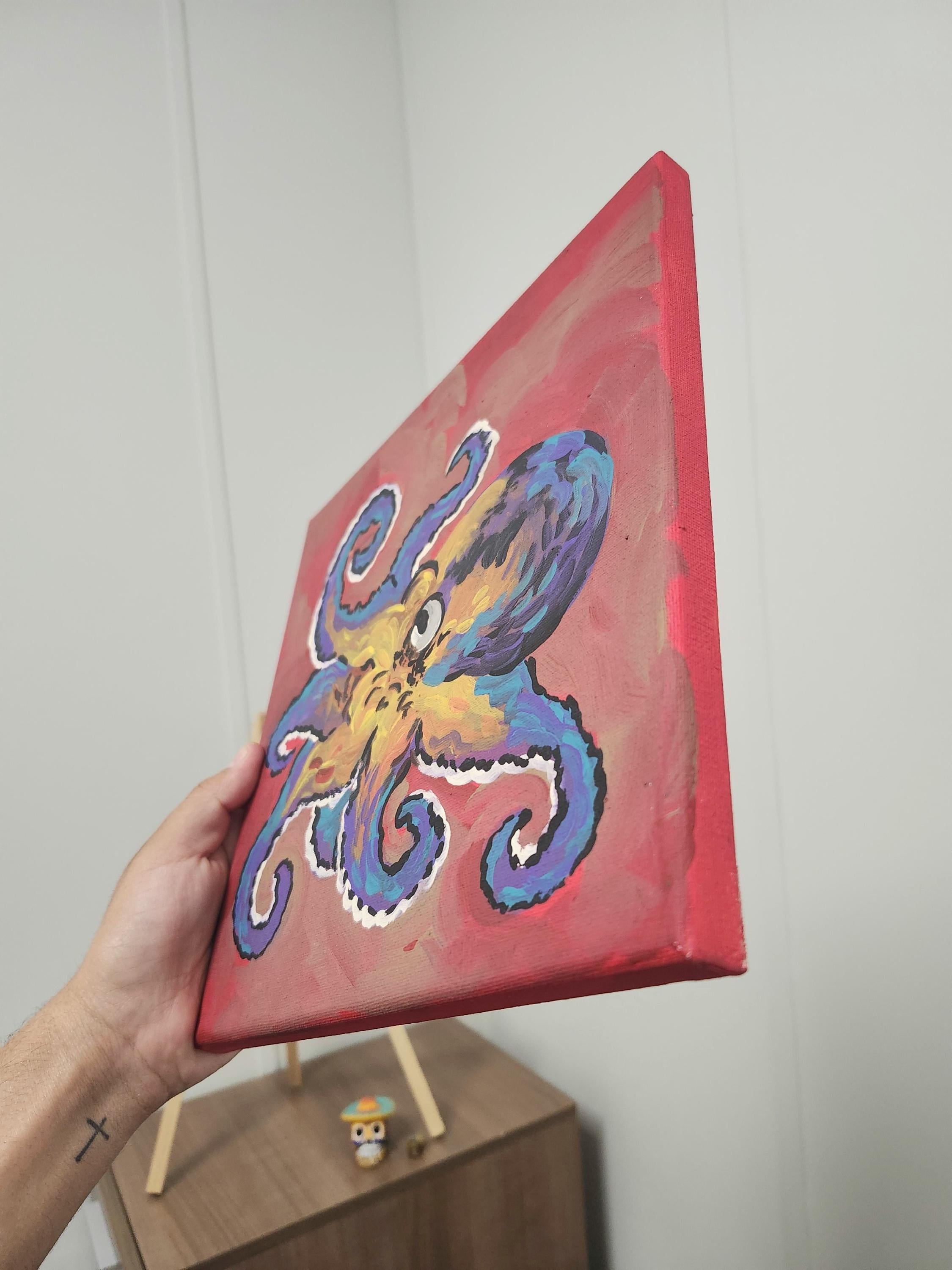 アクリル画　タコ キャンバスに描いたアクリル画「タコ」10 x 10インチ - Etsy 日本