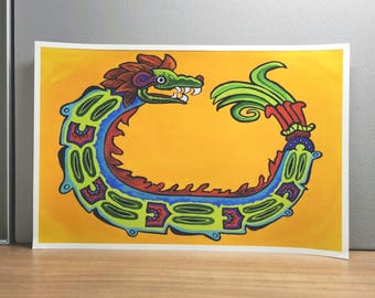 May include: A colorful, stylized illustration of a green, red, and blue serpent with a yellow background. The serpent is curled into a circle with its head facing the right side of the image.