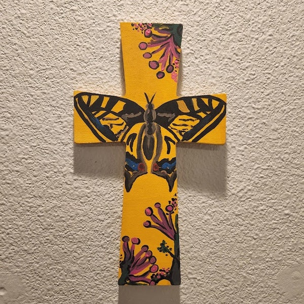 Mounted wooden wall cross Wall hang crosses Painted Catholic butterfly art Christian artworks Religious art Confirmation Gift Baptism