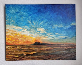 Pintura al óleo de un paisaje de Texas al atardecer: arte mural con un horizonte colorido