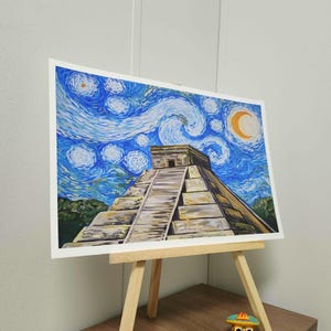 12x18 inch Chicano art print featuring Starry Night over Chichen Itza, blending Mexican culture with Van Gogh-inspired night sky for unique wall decor