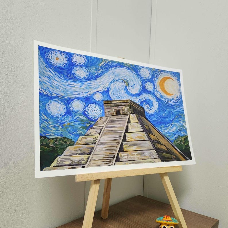 12x18 inch Chicano art print featuring Starry Night over Chichen Itza, blending Mexican culture with Van Gogh-inspired night sky for unique wall decor