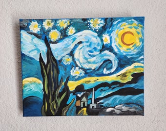 Starry Night Painting Acrylic on Canvas Art Van Gogh Decor Starry Night Reproduction Celestial Wall Decor Starry Night Illustration