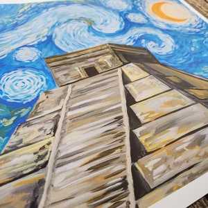 May include: A painting depicting a stone pyramid against a backdrop of a starry night sky. The sky is rendered in shades of blue and white, featuring swirling clouds and a crescent moon. The pyramid is painted in shades of brown and grey, with a dark doorway at the summit.