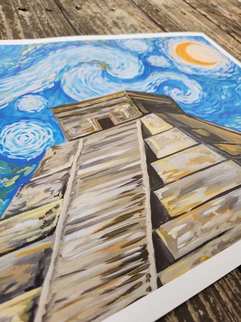 May include: A painting depicting a stone pyramid against a backdrop of a starry night sky. The sky is rendered in shades of blue and white, featuring swirling clouds and a crescent moon. The pyramid is painted in shades of brown and grey, with a dark doorway at the summit.