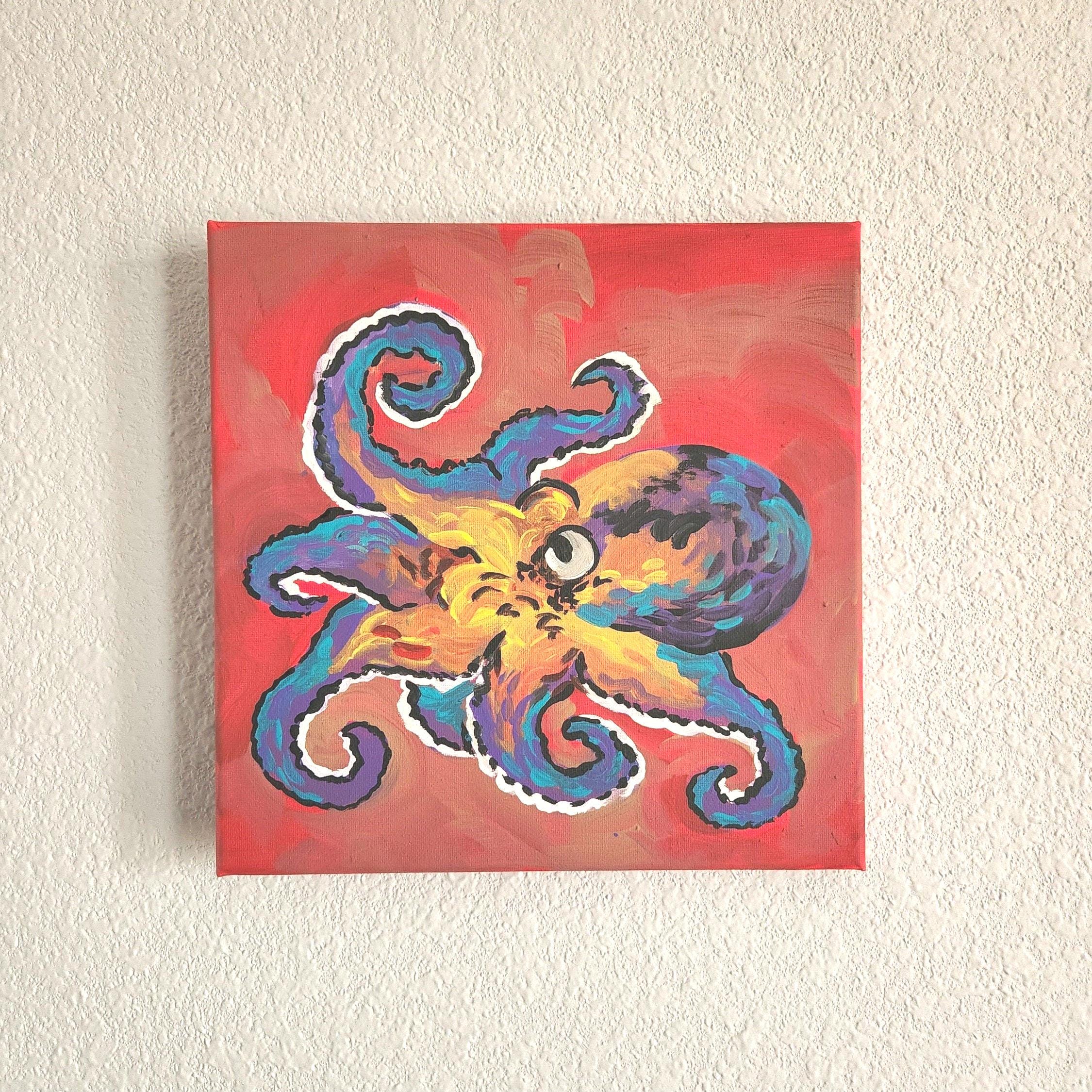 キャンバスに描いたアクリル画「タコ」10 x 10インチ - Etsy 日本