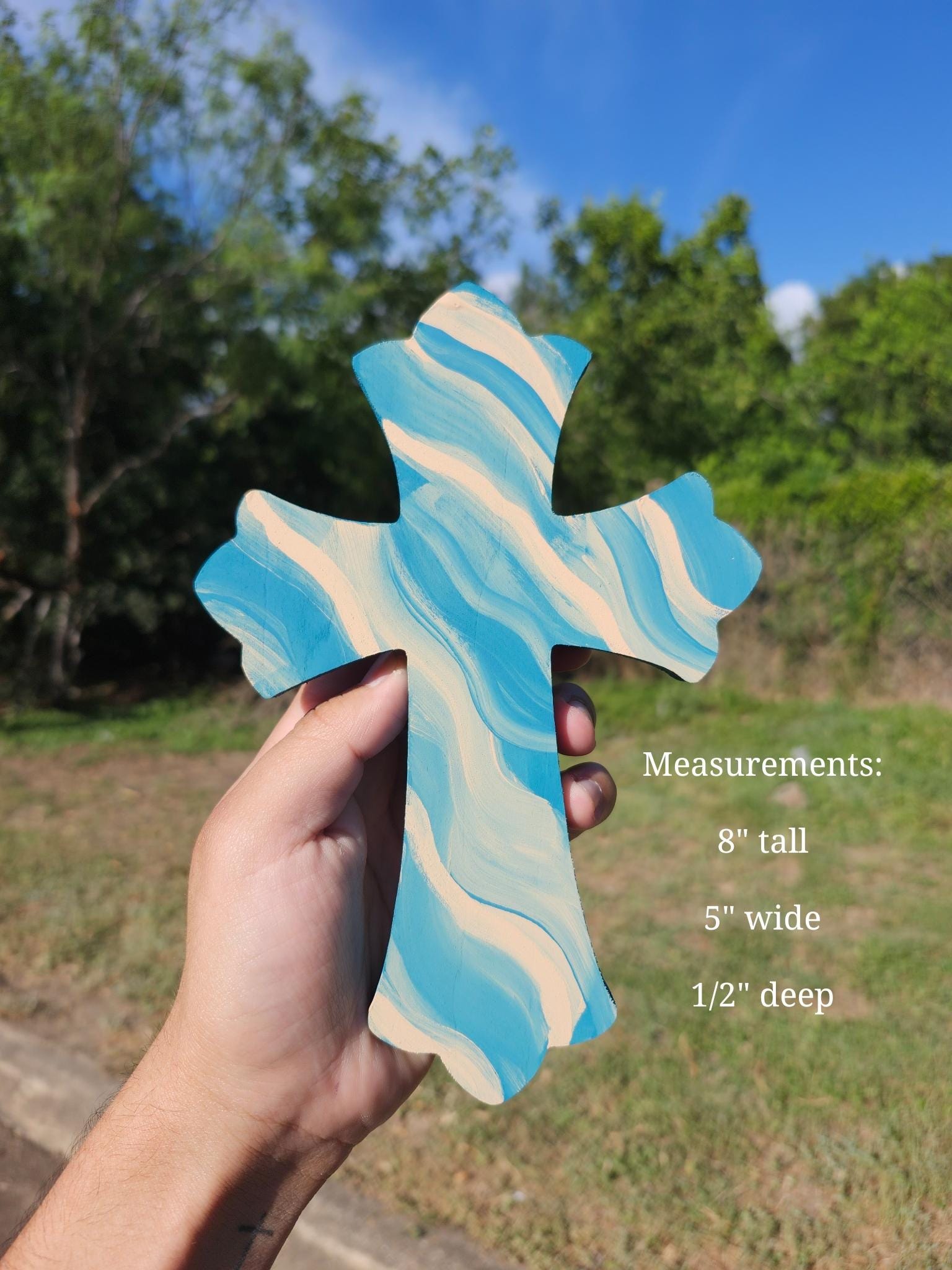 Painted Cross 8 x 5 inches - Blue Wall Cross Ornate Crucifix