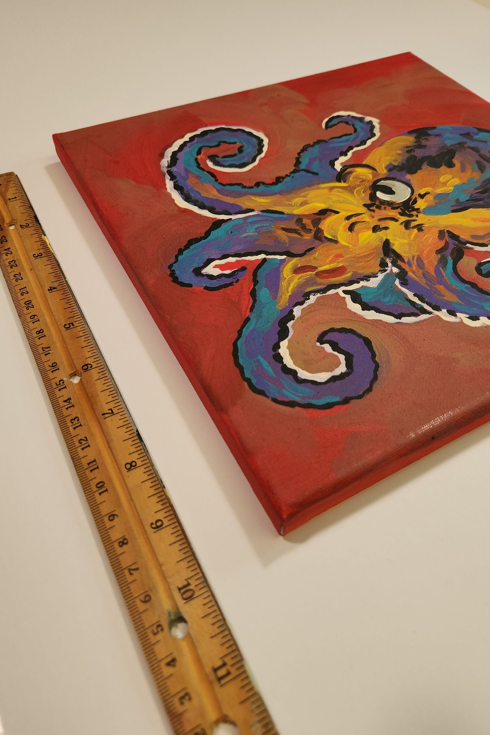キャンバスに描いたアクリル画「タコ」10 x 10インチ - Etsy 日本