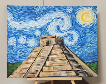 Starry Night Chichen Itza Painting – 16x20 inches – Acrylic on Canvas – Mexican Wall Art