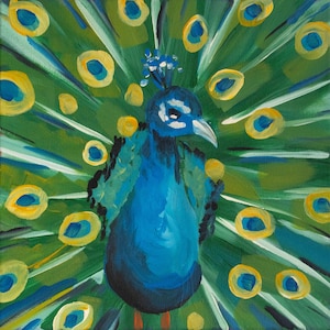 Pintura de pavo real hecha a mano, 10 x 10 pulgadas, acrílico sobre lienzo
