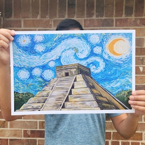 Chichen Itza Starry Night Art Print: Mexican Aztec Decor