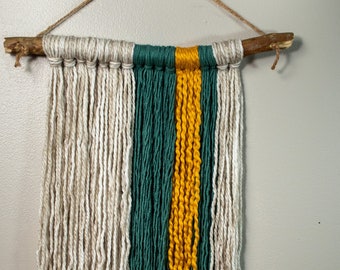 Yarn wall hanging tapestry - teal, cream, yellow (CYRUS)