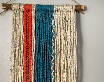 Yarn wall hanging tapestry - teal, cream, coral (REEF)