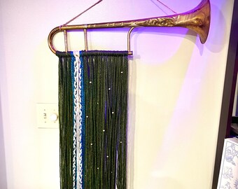 Yarn Wall Hanging Tapestry - green, teal, white, thrifted trombone (JAZZY)