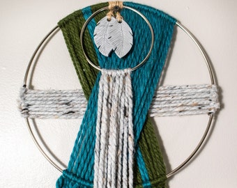 Yarn Tapestry Wall Hanging - teal, olive, light gray, clay feathers (FLIGHT)