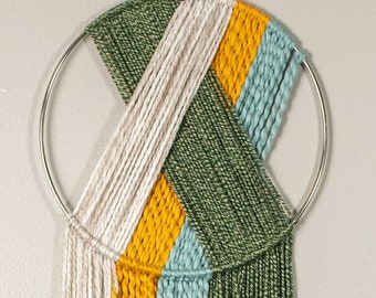 Yarn Wall  Hanging Tapestry Hoop - Green, Yellow, Blue, and Cream