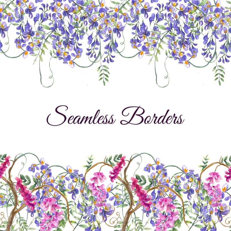 Digital Paper Watercolor Seamless Wisteria Patterns Blooming Patterns