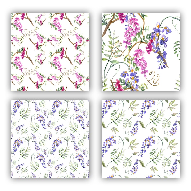 Digital Paper Watercolor Seamless Wisteria Patterns Blooming Patterns