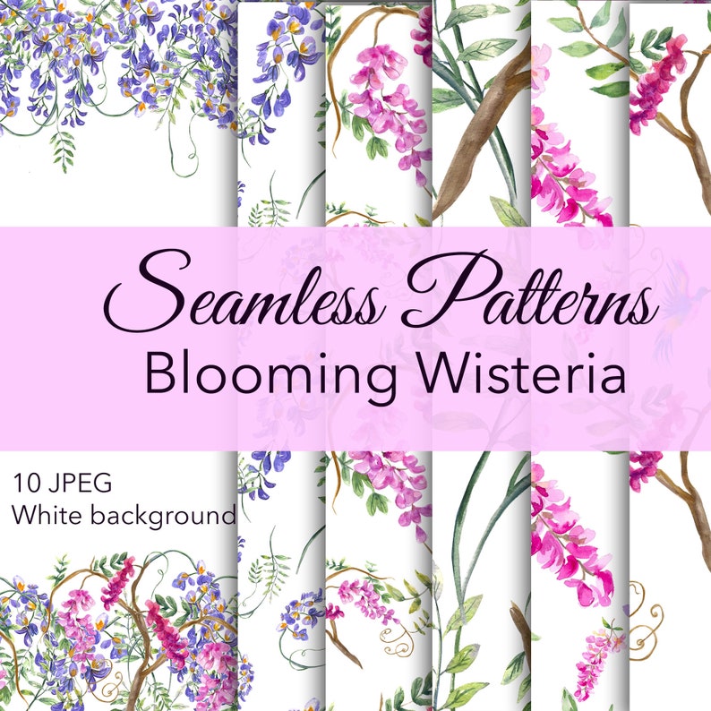Digital Paper Watercolor Seamless Wisteria Patterns Blooming Patterns