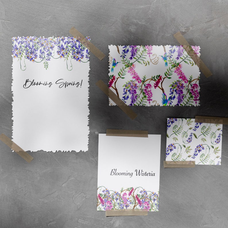 Digital Paper Watercolor Seamless Wisteria Patterns Blooming Patterns