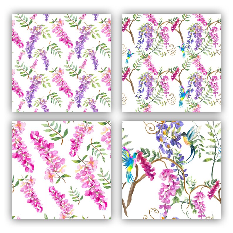 Digital Paper Watercolor Seamless Wisteria Patterns Blooming Patterns