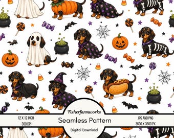 May include: A seamless digital pattern featuring dachshunds in various Halloween costumes including ghosts, pumpkins, skeletons, and witch outfits, interspersed with black cauldrons, spiderwebs, bats, candy, and pumpkins on a white background.