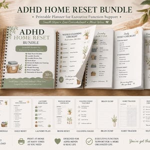 May include: A printable ADHD Home Reset Bundle planner featuring over 30 pages for executive function support. The spiral-bound planner includes a weekly cleaning checklist, laundry routine, daily reset checklist, and room reset checklists with botanical illustrations.