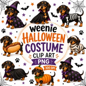 Puede incluir: Una colección digital de perros salchicha con disfraces de Halloween que incluyen bruja, vampiro, esqueleto, perrito caliente, momia y calabaza. El texto central dice weenie HALLOWEEN COSTUME CLIP ART PNG 300 DPI, rodeado de telarañas, estrellas y murciélagos.