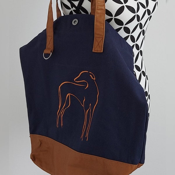 Umhängetasche / Shopper in navy, personalisierbar,  bestickt mit Windhund