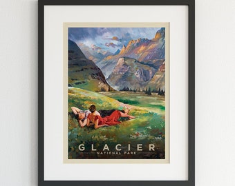 Glacier National Park Vintage Travel Poster by Kai Carpenter Anderson Design Group | Couple in Glacier Art Print (frame not included)